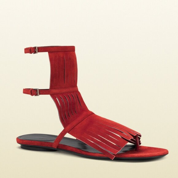 GUCCI SHOES BECKY SUEDE LEATHER FRINGED GLADIATOR FLATS SANDALS sz 35.5 5.5 - Picture 2 of 6
